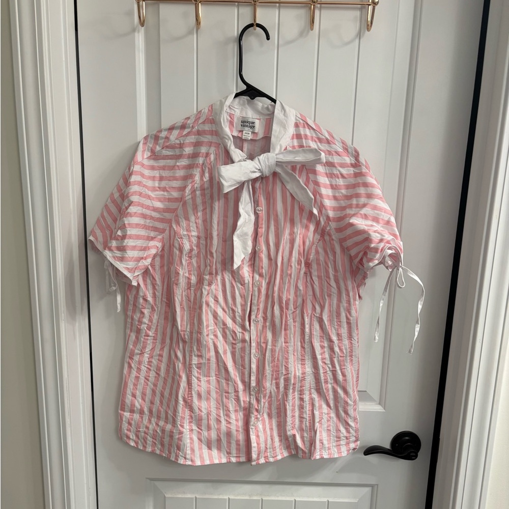 Unique Vintage bow tie blouse in pink stripes